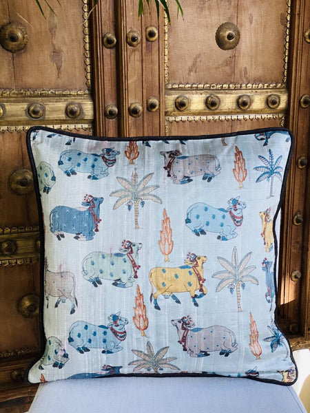 Pichwai Inspired Printed Raw Silk Cushion Cover ( Grey)