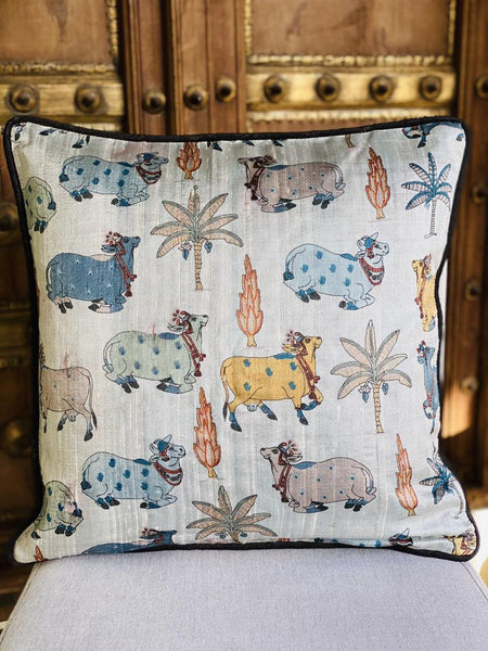 Pichwai Inspired Printed Raw Silk Cushion Cover ( Grey)