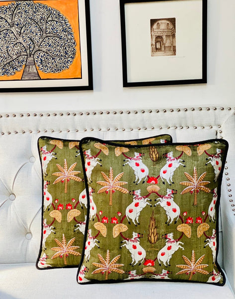Pichwai Inspired Printed Raw Silk Cushion Cover ( Olive Green)