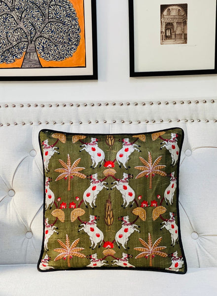 Pichwai Inspired Printed Raw Silk Cushion Cover ( Olive Green)