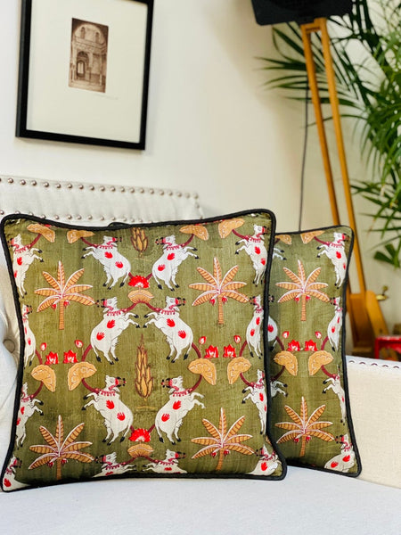 Pichwai Inspired Printed Raw Silk Cushion Cover ( Olive Green)