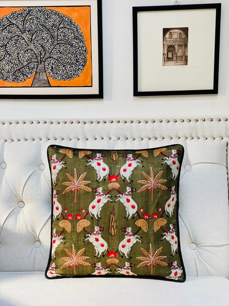 Pichwai Inspired Printed Raw Silk Cushion Cover ( Olive Green)