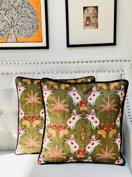 Pichwai Inspired Printed Raw Silk Cushion Cover ( Olive Green)
