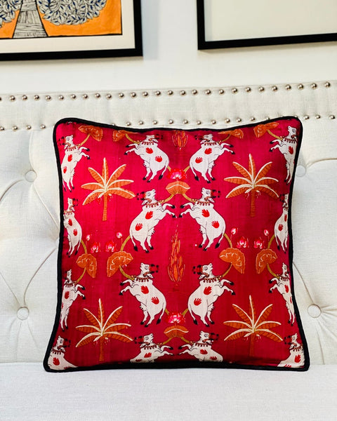 Pichwai Inspired Printed Raw Silk Cushion Cover ( Red/Maroon)