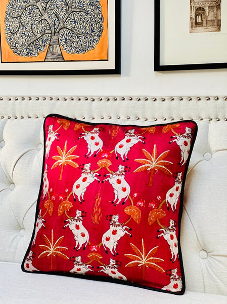 Pichwai Inspired Printed Raw Silk Cushion Cover ( Red/Maroon)