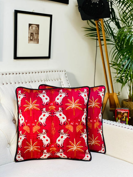 Pichwai Inspired Printed Raw Silk Cushion Cover ( Red/Maroon)