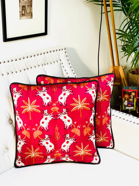 Pichwai Inspired Printed Raw Silk Cushion Cover ( Red/Maroon)