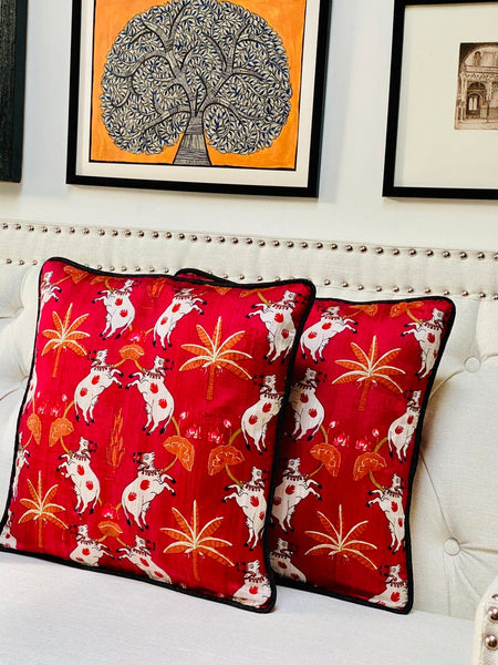 Pichwai Inspired Printed Raw Silk Cushion Cover ( Red/Maroon)