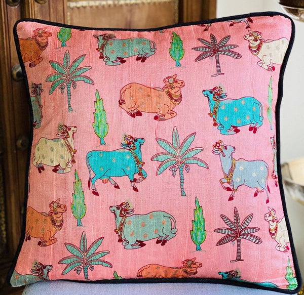 Pichwai Inspired Printed Raw Silk Cushion Cover ( peach)