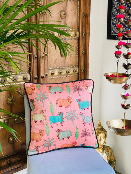 Pichwai Inspired Printed Raw Silk Cushion Cover ( peach)