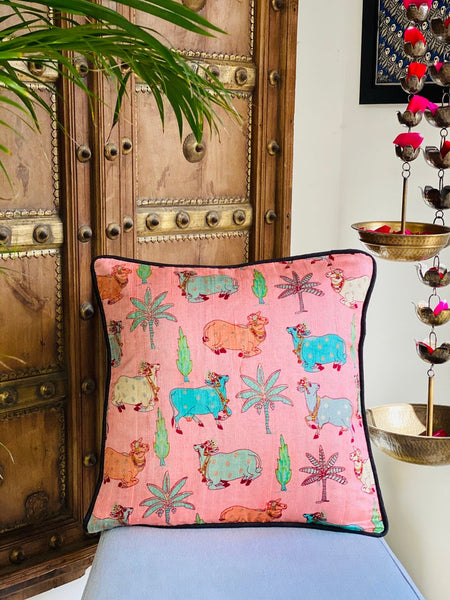 Pichwai Inspired Printed Raw Silk Cushion Cover ( peach)