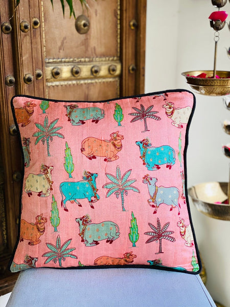 Pichwai Inspired Printed Raw Silk Cushion Cover ( peach)