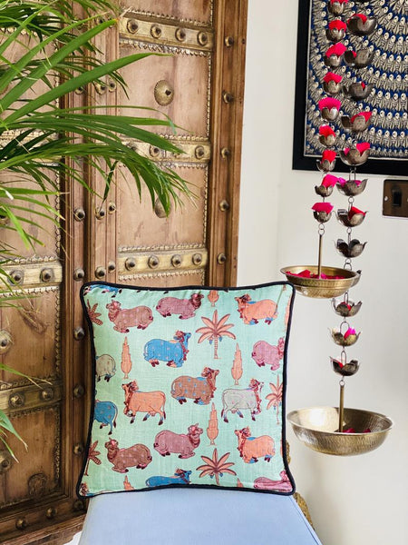 Pichwai inspired Printed Raw Silk Cushion Cover ( Mint Green)