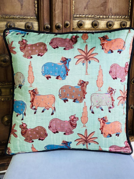 Pichwai inspired Printed Raw Silk Cushion Cover ( Mint Green)