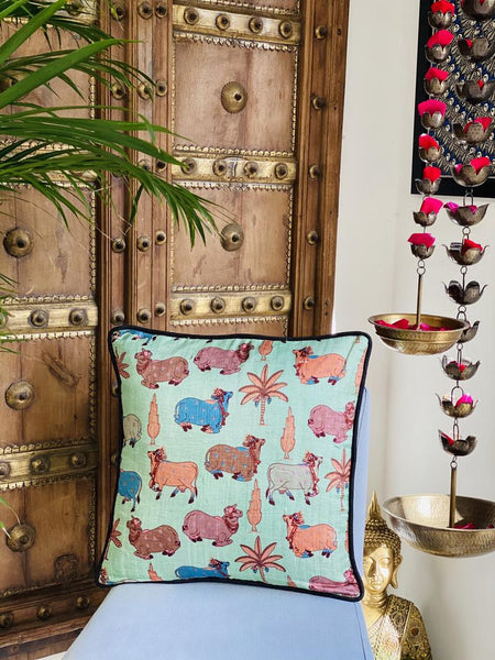 Pichwai inspired Printed Raw Silk Cushion Cover ( Mint Green)
