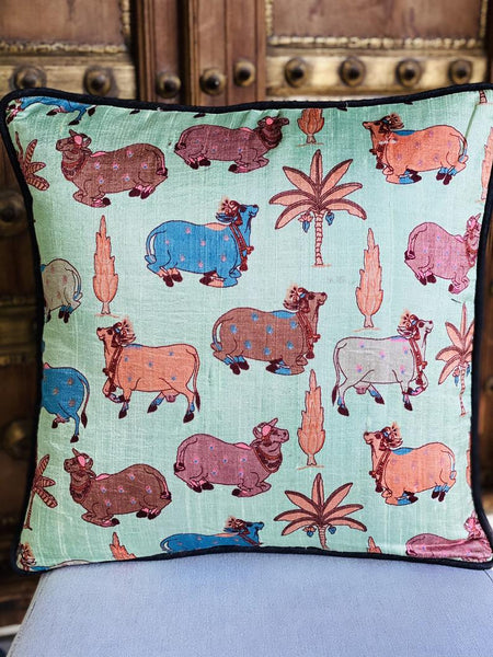 Pichwai inspired Printed Raw Silk Cushion Cover ( Mint Green)