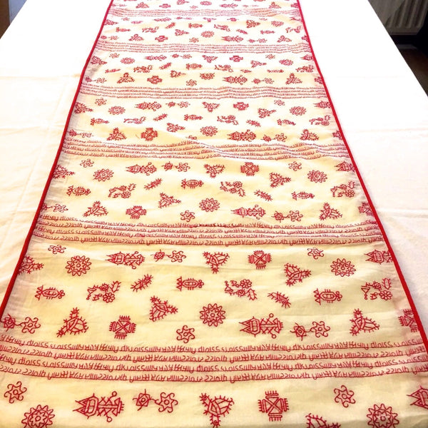 Beige/Off White Table Runner with Red Embroidery