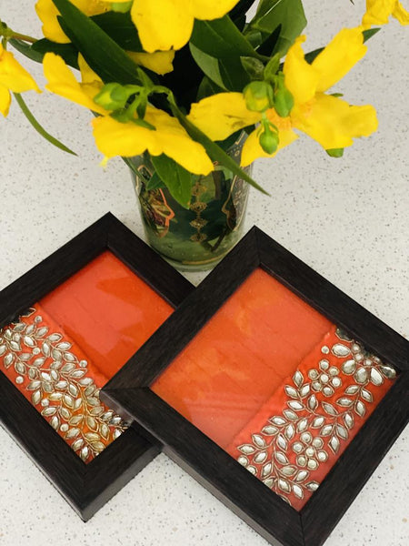 Ethnic Coasters with Kundan Work (Set of 2)- Orange