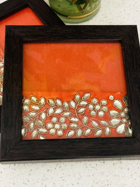 Ethnic Coasters with Kundan Work (Set of 2)- Orange