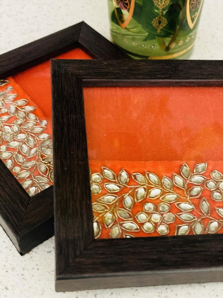 Ethnic Coasters with Kundan Work (Set of 2)- Orange