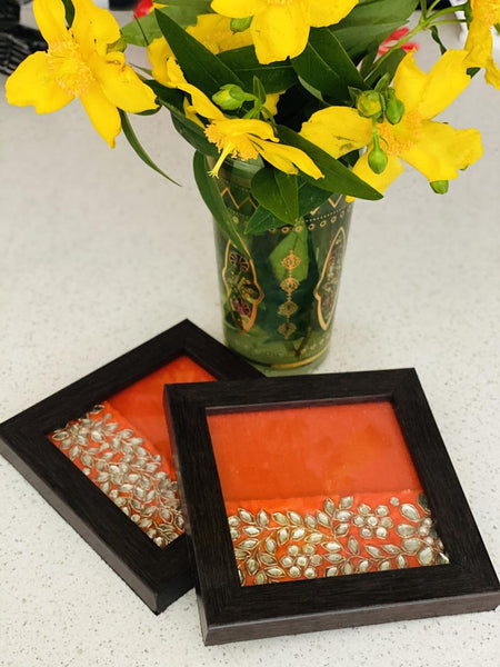 Ethnic Coasters with Kundan Work (Set of 2)- Orange