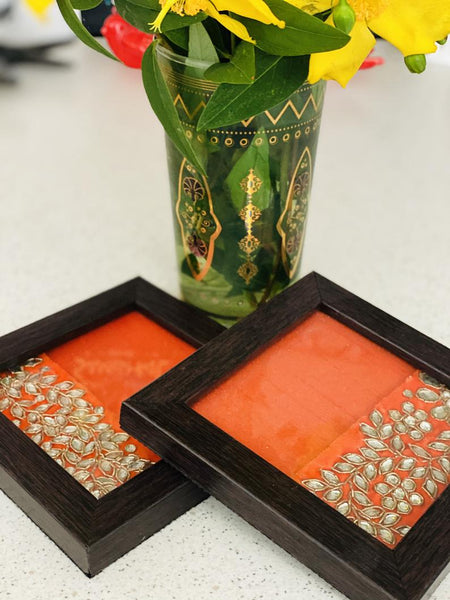 Ethnic Coasters with Kundan Work (Set of 2)- Orange