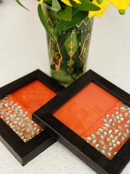 Ethnic Coasters with Kundan Work (Set of 2)- Orange