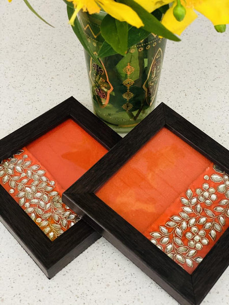 Ethnic Coasters with Kundan Work (Set of 2)- Orange