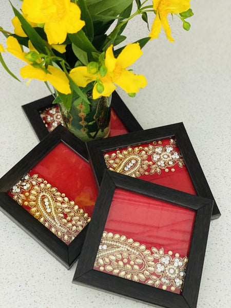 Ethnic Coasters with Kundan Work (Set of 4)-Orange