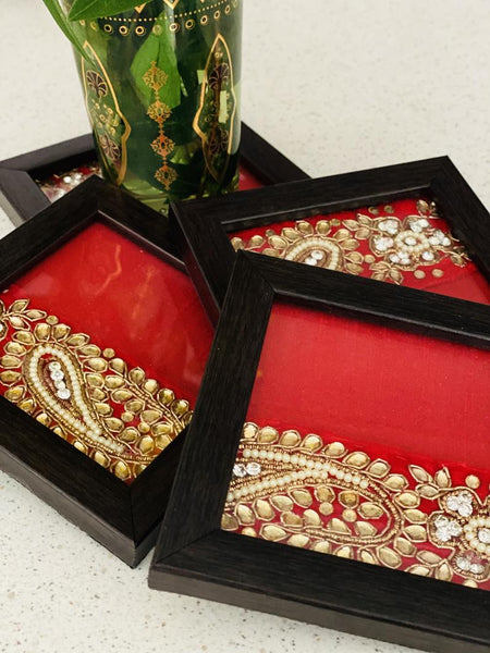 Ethnic Coasters with Kundan Work (Set of 4)-Orange