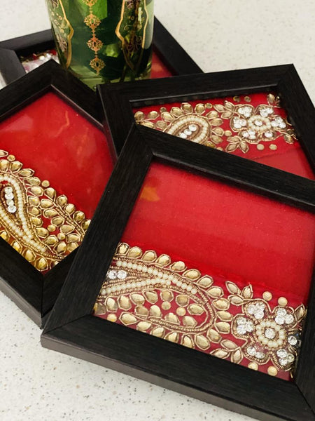 Ethnic Coasters with Kundan Work (Set of 4)-Orange