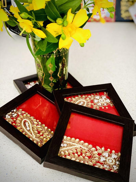 Ethnic Coasters with Kundan Work (Set of 4)-Orange