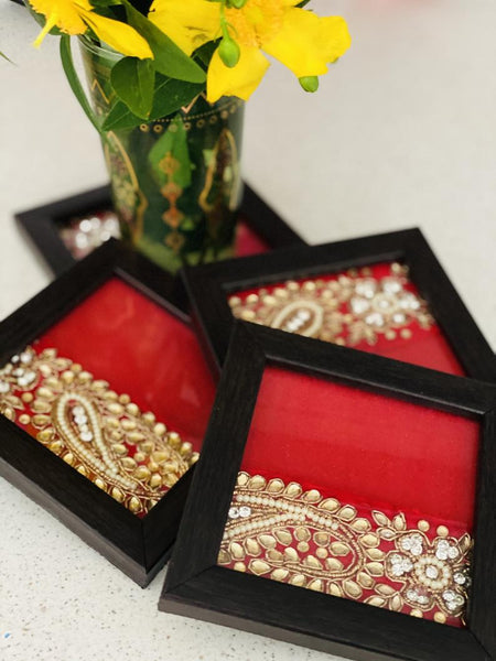 Ethnic Coasters with Kundan Work (Set of 4)-Orange