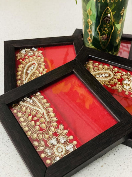 Ethnic Coasters with Kundan Work (Set of 4)-Orange