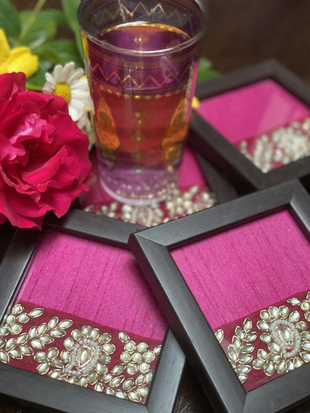 Traditional Kundan Work Framed Coasters ( Set of 4)- Hot Pink