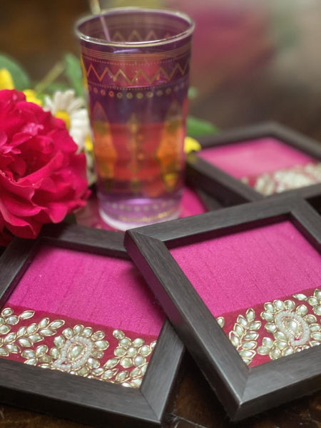 Traditional Kundan Work Framed Coasters ( Set of 4)- Hot Pink