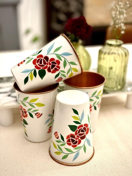 White Hand Painted Enamelware Copper Tumblers ( set of 4)
