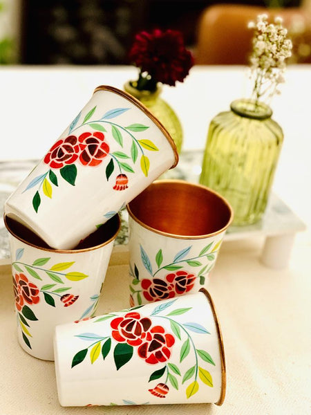 White Hand Painted Enamelware Copper Tumblers ( set of 4)