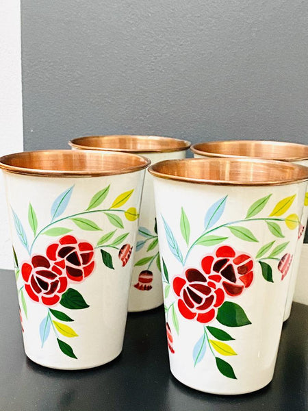 White Hand Painted Enamelware Copper Tumblers ( set of 4)