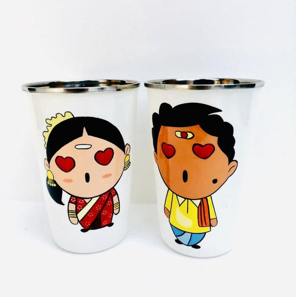 White Hand Painted Enamelware Stainless Steel Tumblers ( set of 4)