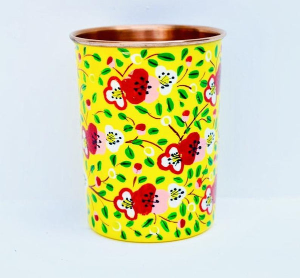 Yellow Hand Painted Enamelware Copper Tumblers ( set of 4)