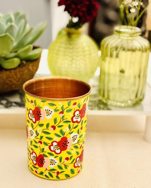 Yellow Hand Painted Enamelware Copper Tumblers ( set of 4)