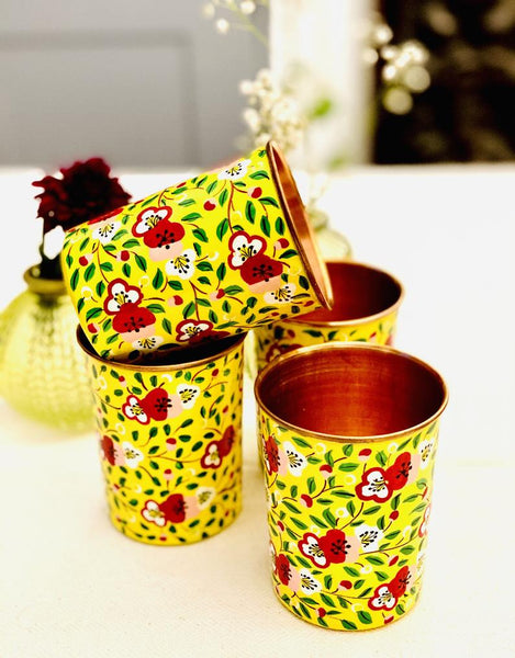 Yellow Hand Painted Enamelware Copper Tumblers ( set of 4)