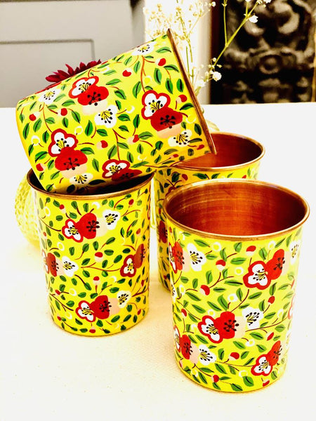 Yellow Hand Painted Enamelware Copper Tumblers ( set of 4)