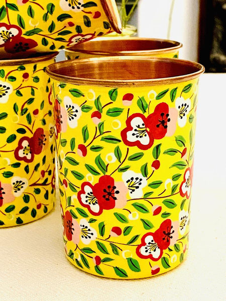 Yellow Hand Painted Enamelware Copper Tumblers ( set of 4)