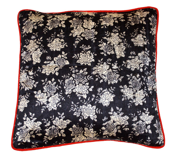 Floral Infusion Raw Silk Cushion Cover-Black