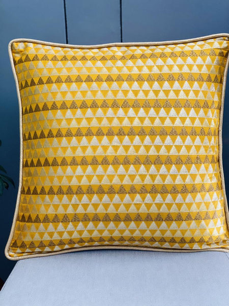 Chanderi Silk woven geometric design cushion Cover - Mustard