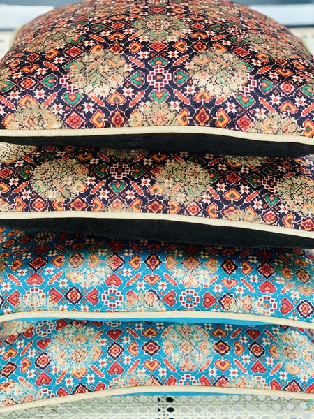 Patola Print Cushion Cover with Subtle Gold Weave - Teal/Turquoise