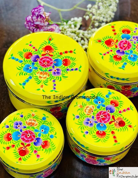 Set of 4 handpainted enamelware steel containers - yellow