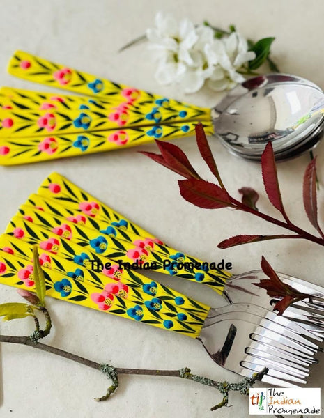 Hand-painted Floral Kashmir Enamelware Cutlery set of 18- Yellow